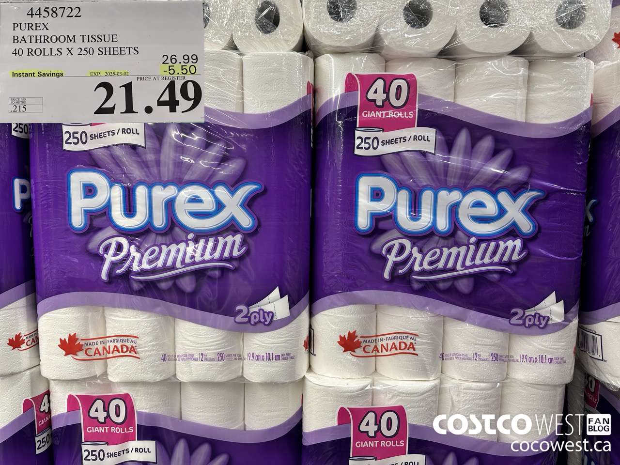 4458722 PUREX BATHROOM TISSUE 40 ROLLS X 250 SHEETS ($5.50 INSTANT SAVINGS EXPIRES ON 2025-03-02) $21.49