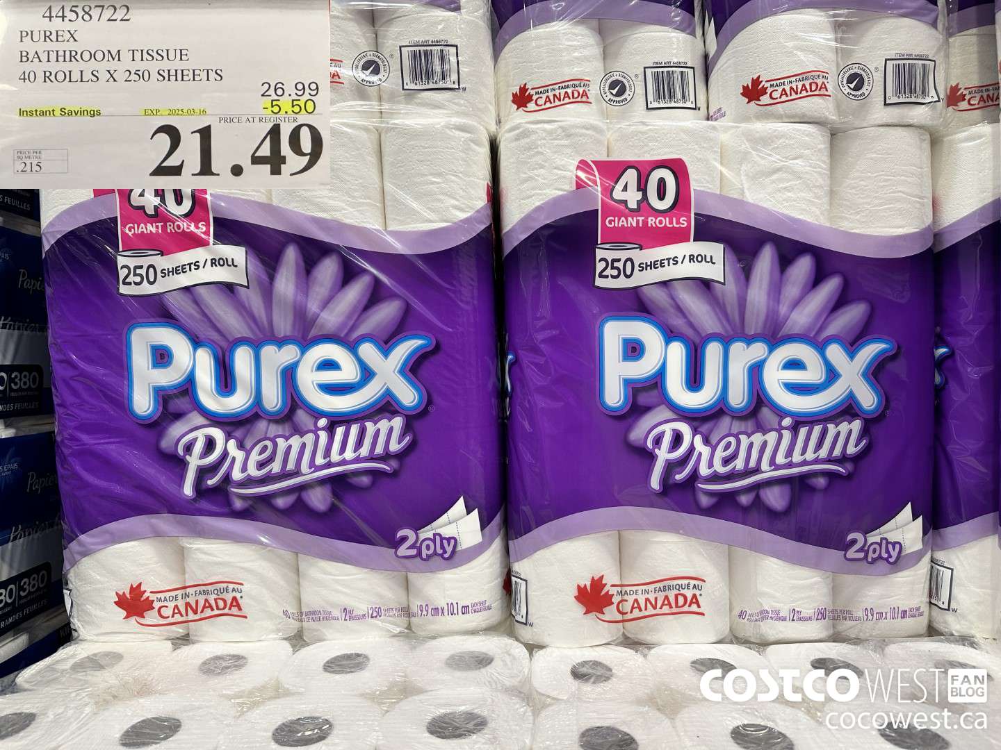 4458722 PUREX BATHROOM TISSUE 40 ROLLS X 250 SHEETS ($5.50 INSTANT SAVINGS EXPIRES ON 2025-03-16) $21.49