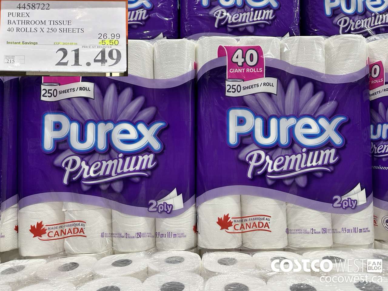 4458722 PUREX BATHROOM TISSUE 40 ROLLS X 250 SHEETS ($5.50 INSTANT SAVINGS EXPIRES ON 2025-03-16) $21.49