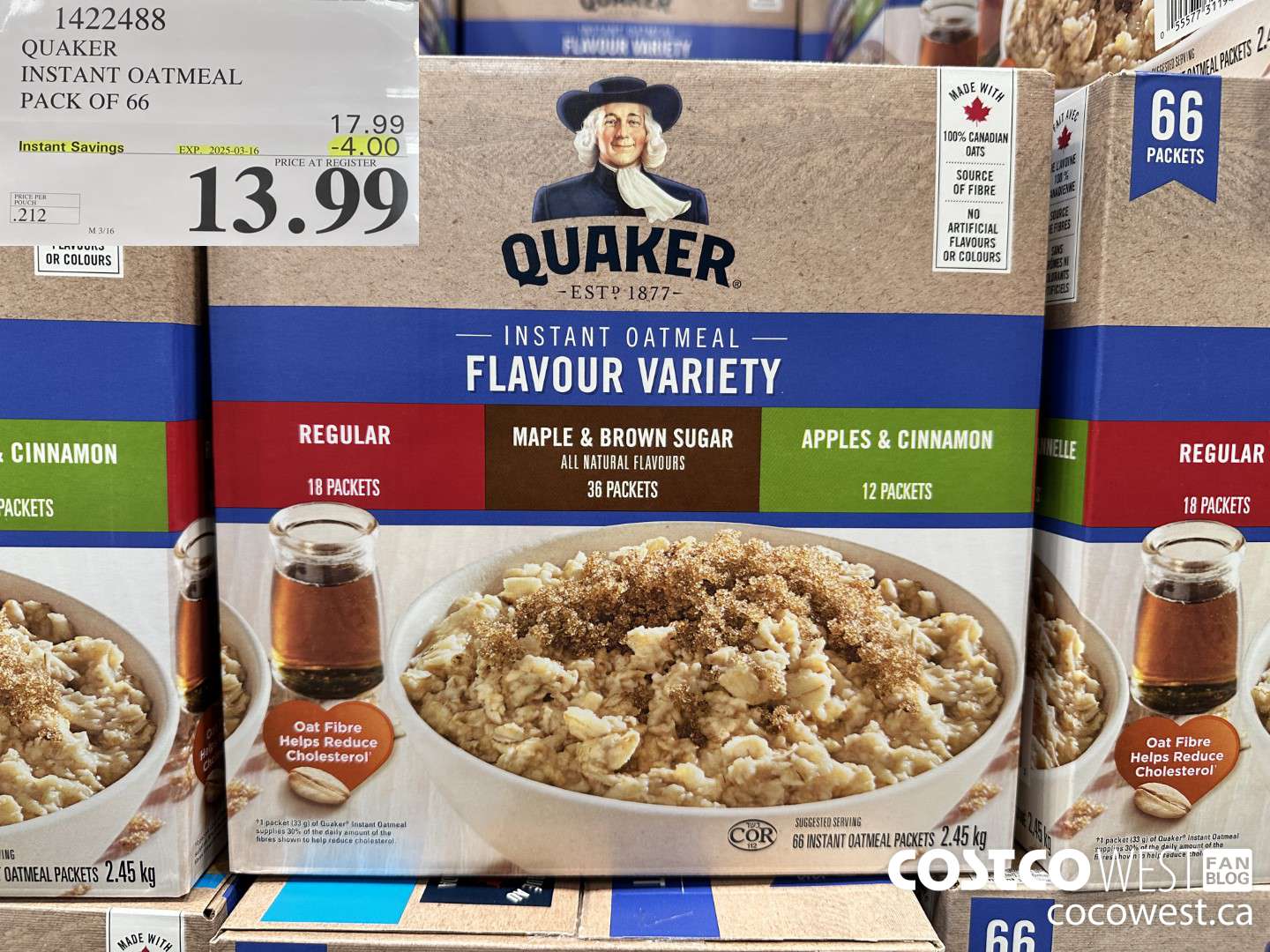 1422488 QUAKER INSTANT OATMEAL 66 COUNT ($4.00 INSTANT SAVINGS EXPIRES ON 2025-03-16) $13.99