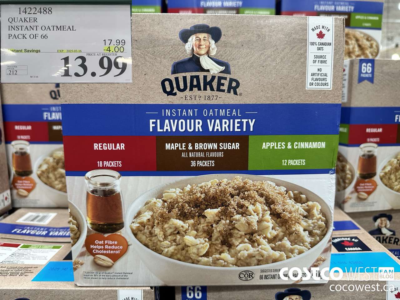1422488 QUAKER INSTANT OATMEAL 66 COUNT ($4.00 INSTANT SAVINGS EXPIRES ON 2025-03-16) $13.99