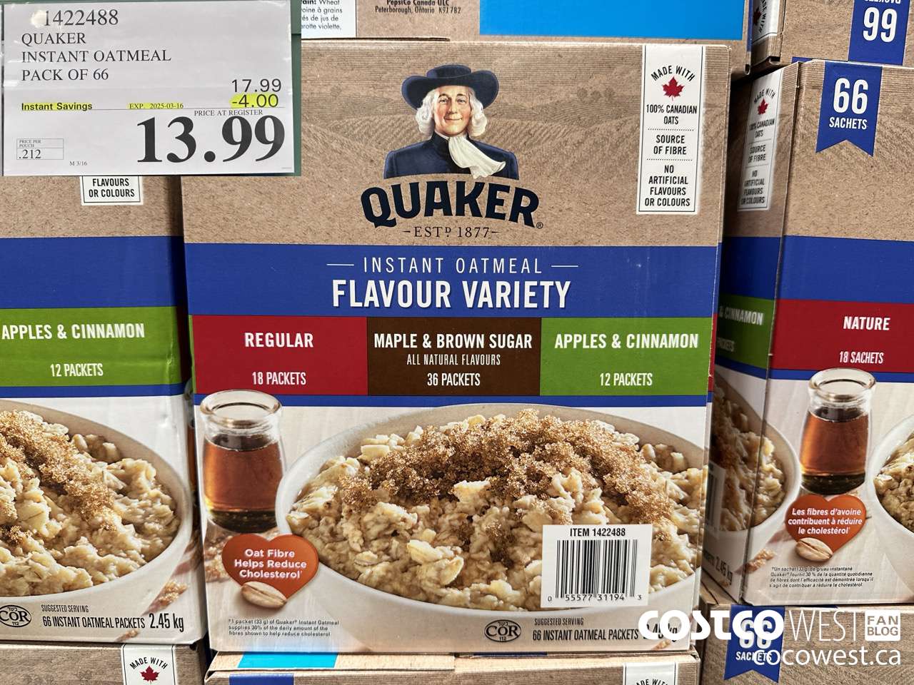 1422488 QUAKER INSTANT OATMEAL 66 COUNT ($4.00 INSTANT SAVINGS EXPIRES ON 2025-03-16) $13.99