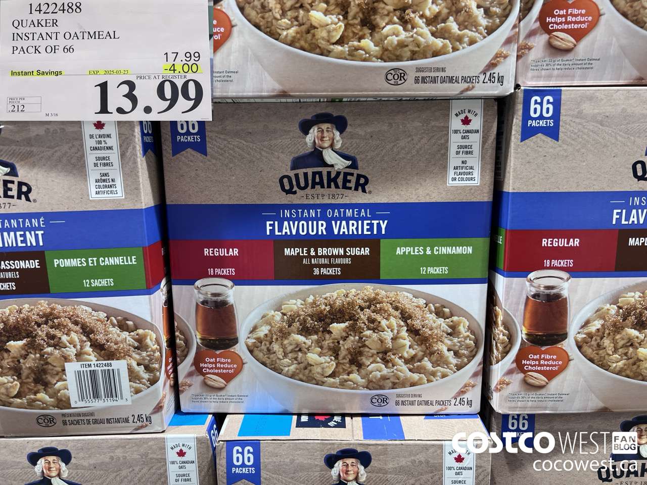 1422488 QUAKER INSTANT OATMEAL 66 COUNT ($4.00 INSTANT SAVINGS EXPIRES ON 2025-03-23) $13.99