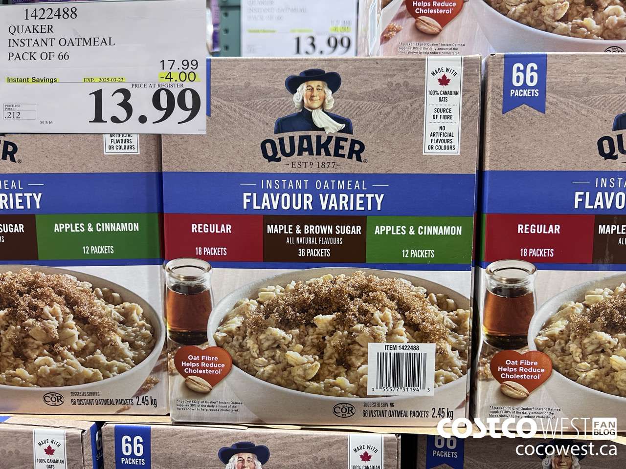 1422488 QUAKER INSTANT OATMEAL 66 COUNT ($4.00 INSTANT SAVINGS EXPIRES ON 2025-03-23) $13.99