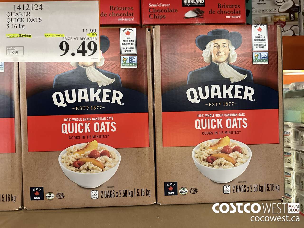 1412124 QUAKER QUICK OATS 5.16 kg ($2.50 INSTANT SAVINGS EXPIRES ON 2025-03-16) $9.49