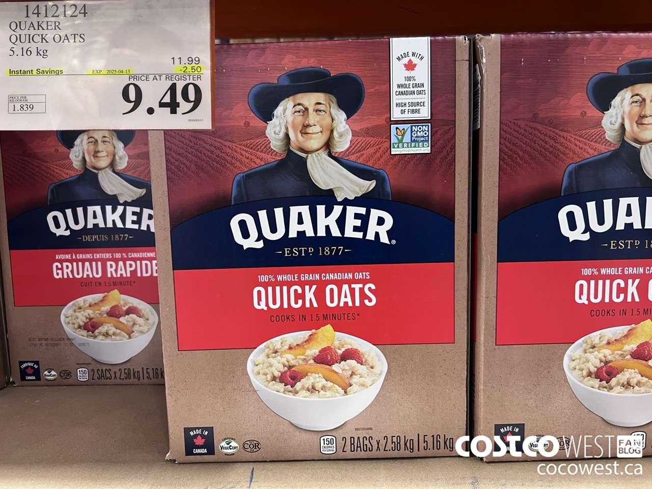 1412124 QUAKER QUICK OATS 5.16 kg ($2.50 INSTANT SAVINGS EXPIRES ON 2025-04-13) $9.49