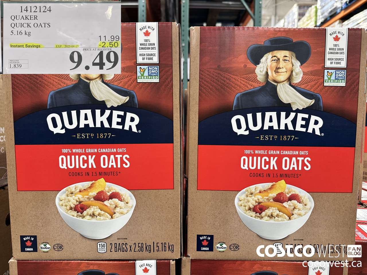 1412124 QUAKER QUICK OATS 5.16 kg ($2.50 INSTANT SAVINGS EXPIRES ON 2025-04-13) $9.49