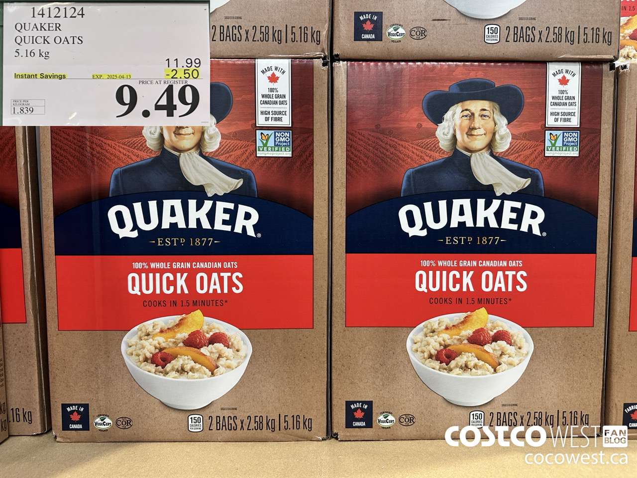 1412124 QUAKER QUICK OATS 5.16 kg ($2.50 INSTANT SAVINGS EXPIRES ON 2025-04-13) $9.49