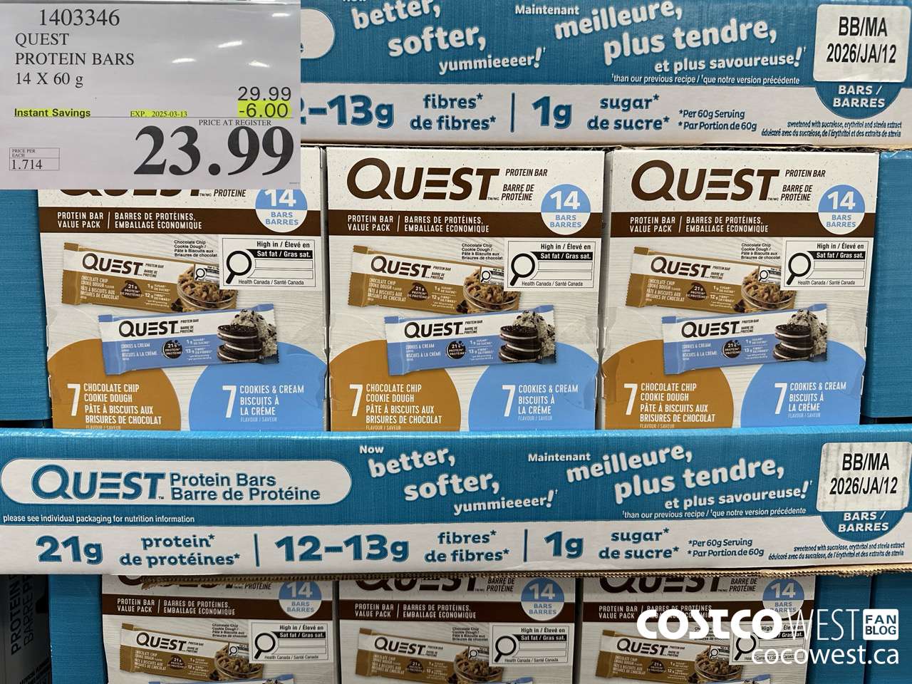 1403346 QUEST PROTEIN BARS 14 X 60g ($6.00 INSTANT SAVINGS EXPIRES ON 2025-03-13) $23.99