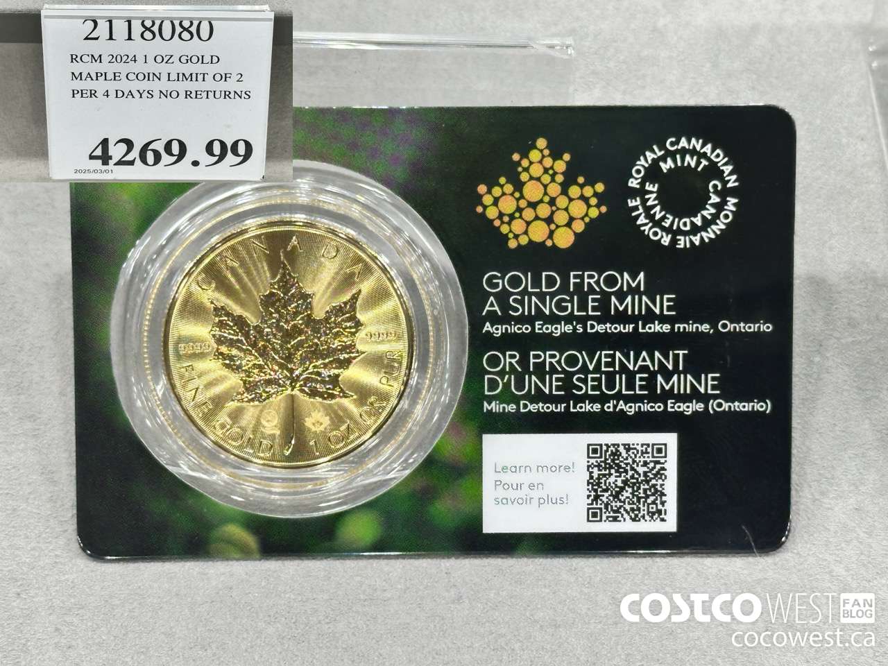 2118080 RCM 2024 1 OZ GOLD. MAPLE COIN LIMIT OF 2 PER 4 DAYS NO RETURNS $4269.99