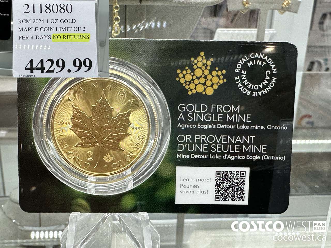 2118080 RCM 2024 1 OZ GOLD. MAPLE COIN LIMIT OF 2 PER 4 DAYS NO RETURNS $4429.99