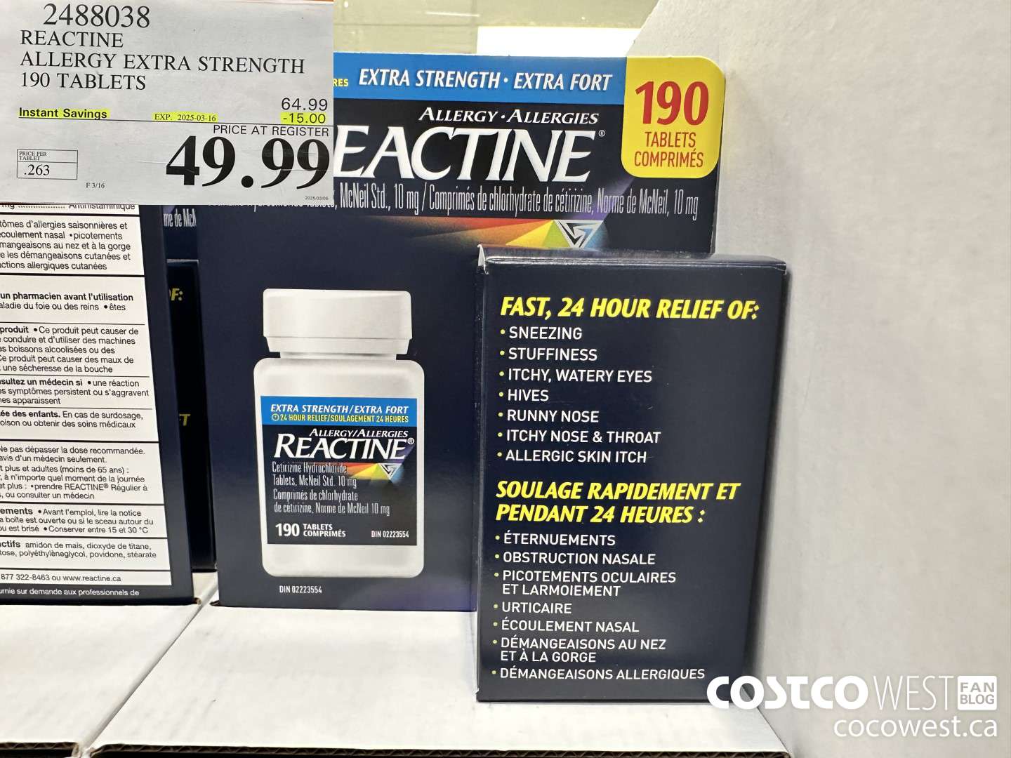 2488038 REACTINE ALLERGY EXTRA STRENGTH 190 TABLETS ($15.00 INSTANT SAVINGS EXPIRES ON 2025-03-16) $49.99