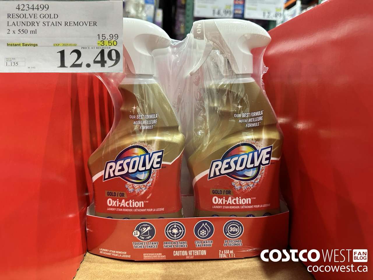 4234499 RESOLVE GOLD LAUNDRY STAIN REMOVER 2 X 550ML ($3.50 INSTANT SAVINGS EXPIRES ON 2025-03-02) $12.49