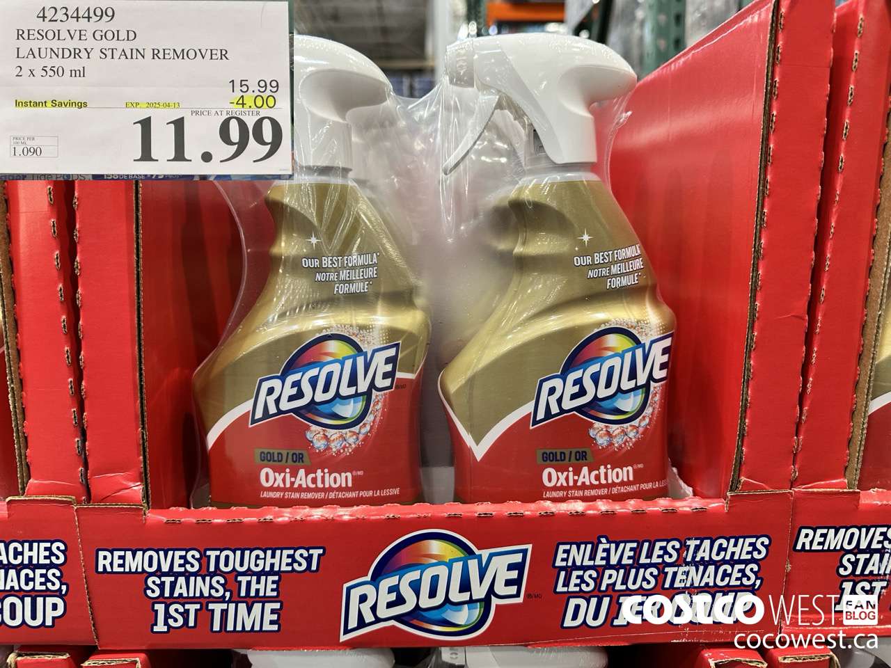 4234499 RESOLVE GOLD LAUNDRY STAIN REMOVER 2 X 550ML ($4.00 INSTANT SAVINGS EXPIRES ON 2025-04-13) $11.99