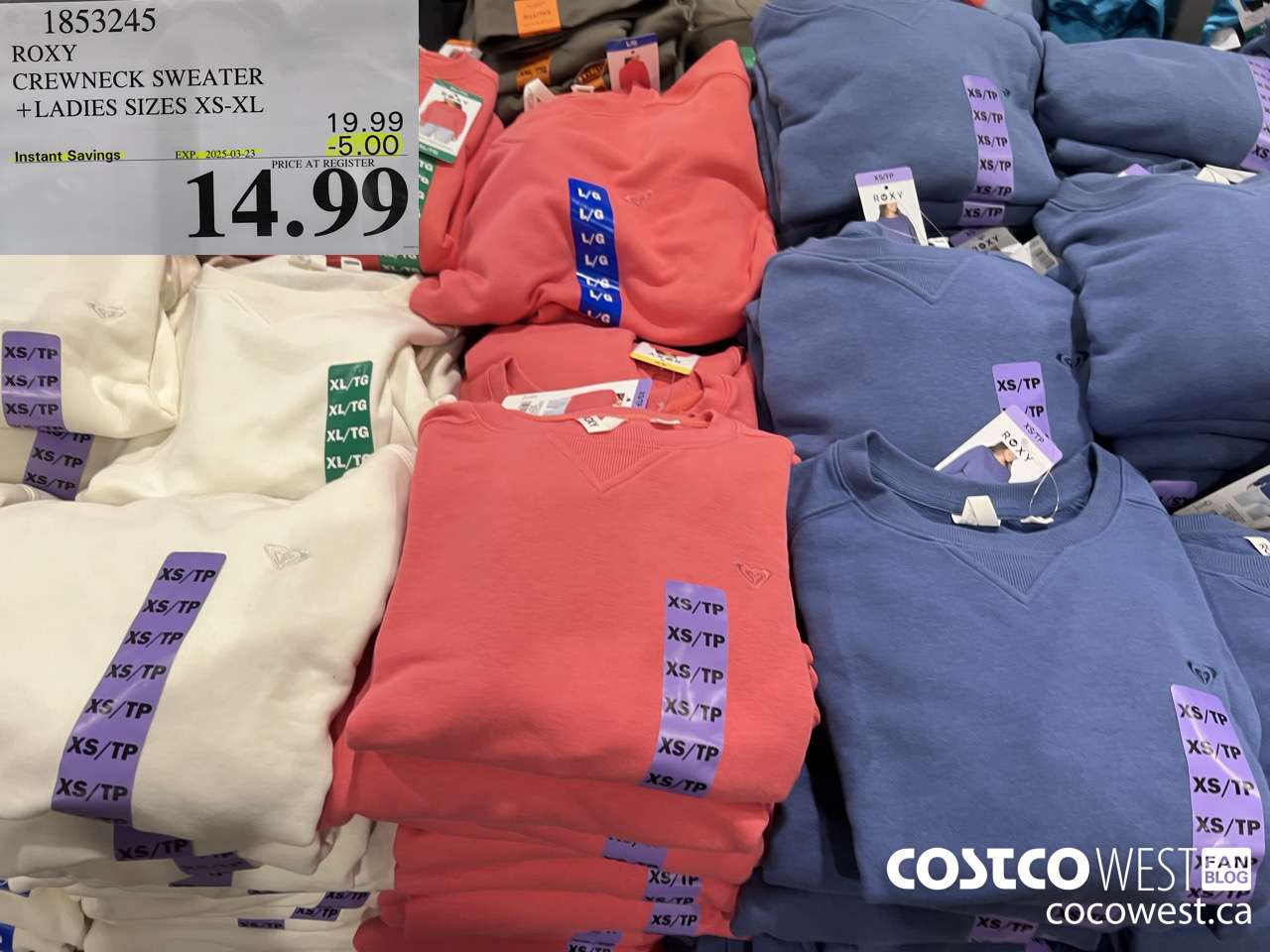 1853245 ROXY CREWNECK SWEATER LADIES SIZES XS-XL ($5.00 INSTANT SAVINGS EXPIRES ON 2025-03-23) $14.99