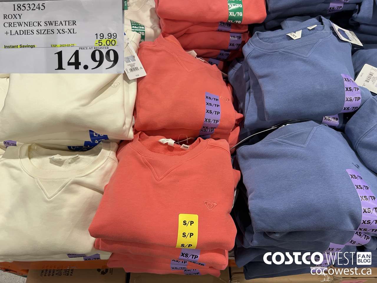 1853245 ROXY CREWNECK SWEATER LADIES SIZES XS-XL ($5.00 INSTANT SAVINGS EXPIRES ON 2025-03-23) $14.99