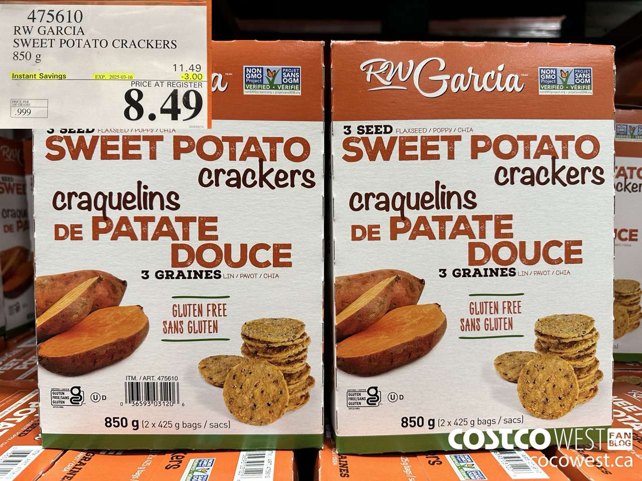475610 RW GARCIA SWEET POTATO CRACKERS 850 g ($3.00 INSTANT SAVINGS EXPIRES ON 2025-03-16) $8.49