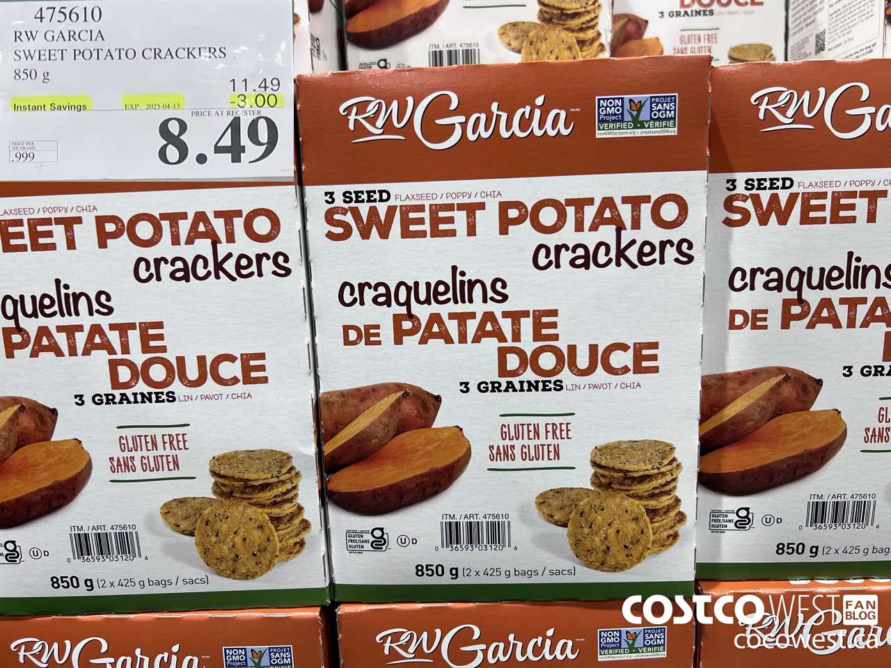 475610 RW GARCIA SWEET POTATO CRACKERS 850 g ($3.00 INSTANT SAVINGS EXPIRES ON 2025-04-13) $8.49