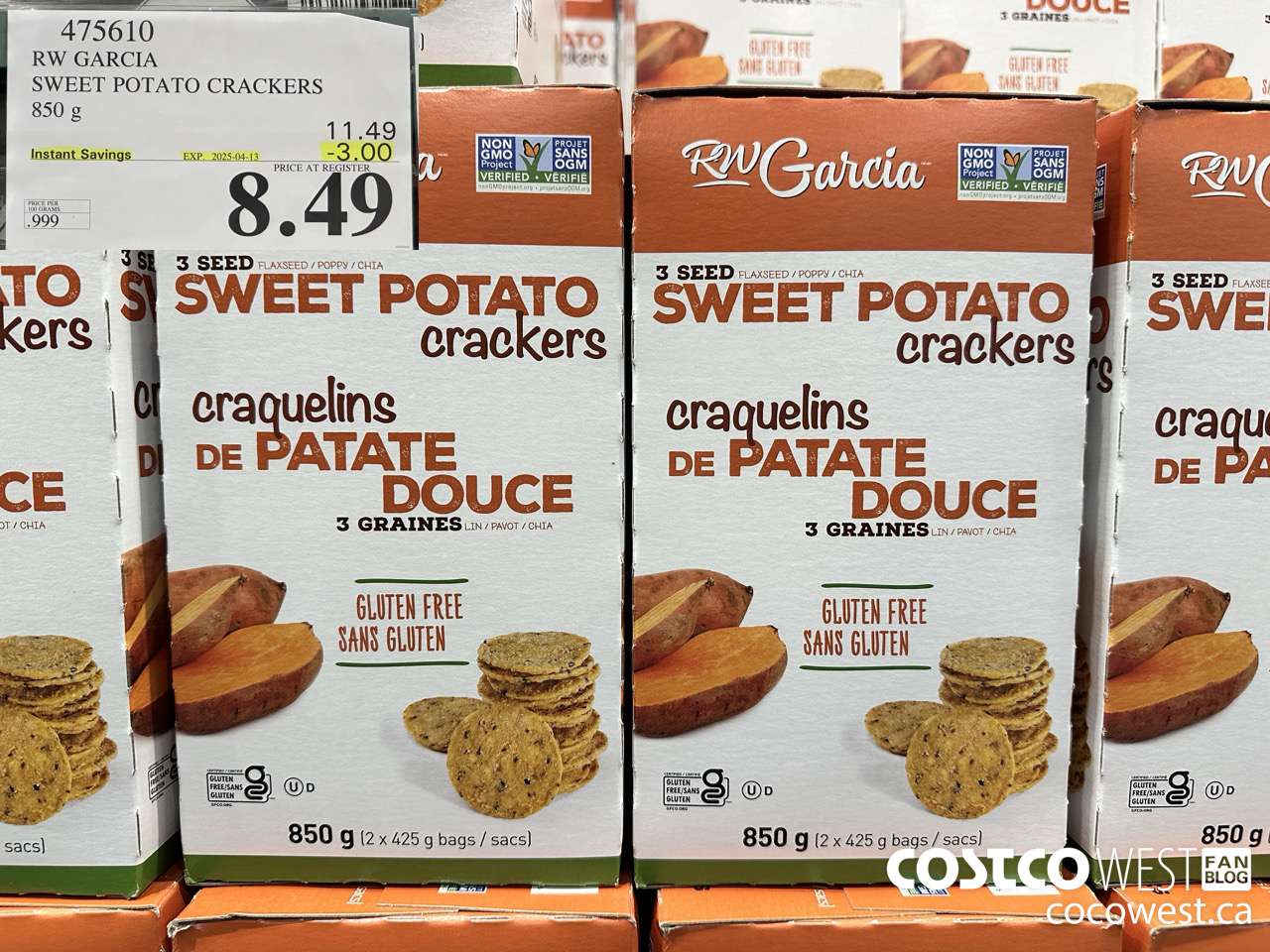 475610 RW GARCIA SWEET POTATO CRACKERS 850 g ($3.00 INSTANT SAVINGS EXPIRES ON 2025-04-13) $8.49
