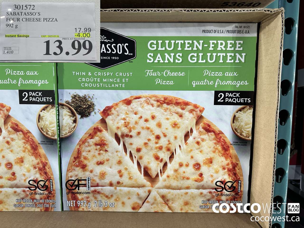 301572 SABATASSO'S GLUTEN-FREE CHEESE PIZZA 2 X 496 G ($4.00 INSTANT SAVINGS EXPIRES ON 2025-03-16) $13.99