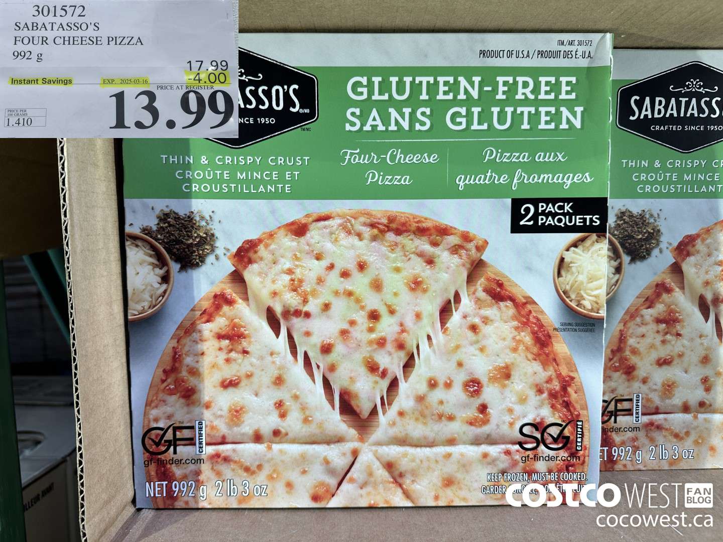 301572 SABATASSO'S GLUTEN-FREE CHEESE PIZZA 2 X 496 G ($4.00 INSTANT SAVINGS EXPIRES ON 2025-03-16) $13.99