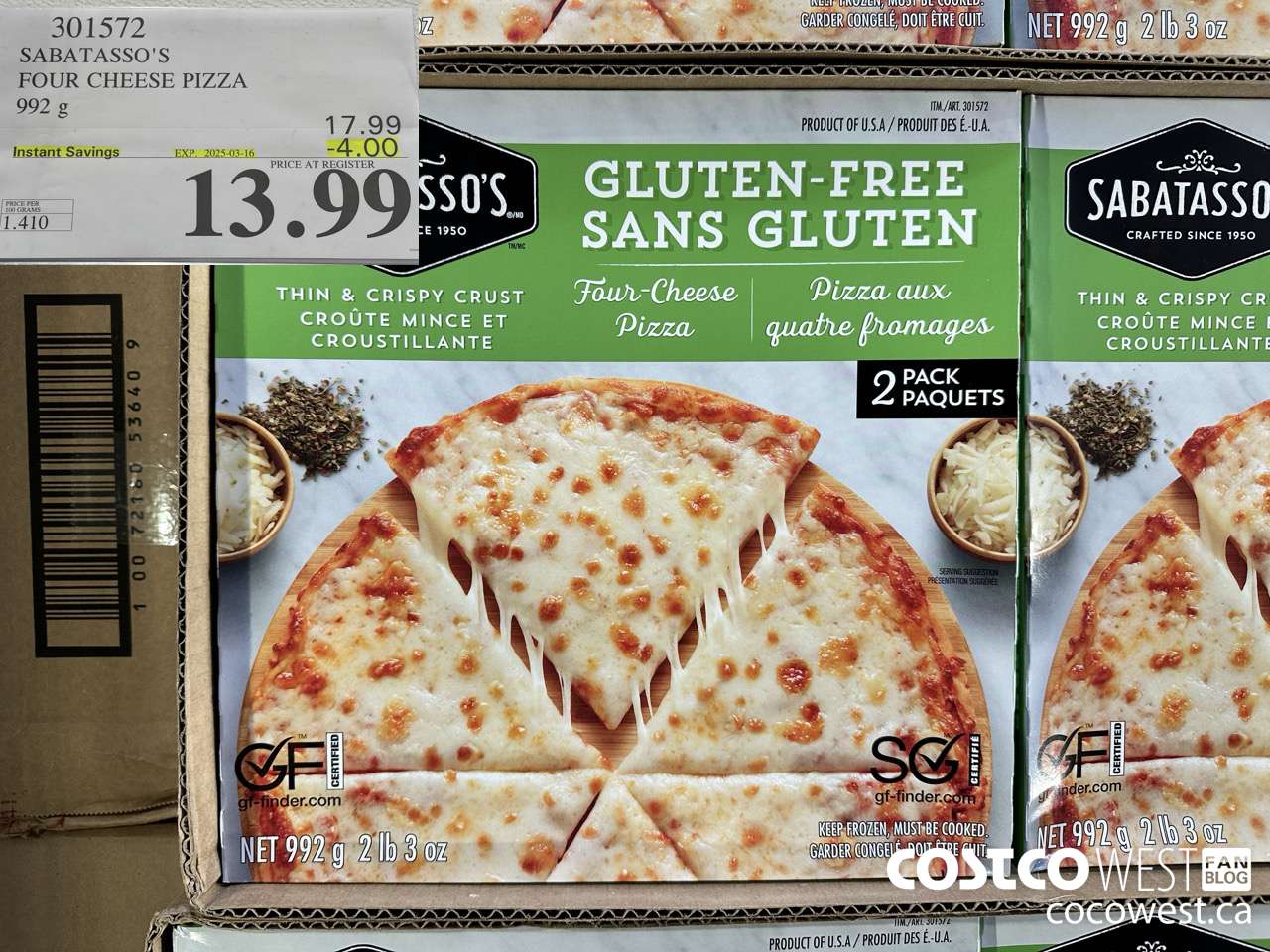 301572 SABATASSO'S GLUTEN-FREE CHEESE PIZZA 2 X 496 G ($4.00 INSTANT SAVINGS EXPIRES ON 2025-03-16) $13.99