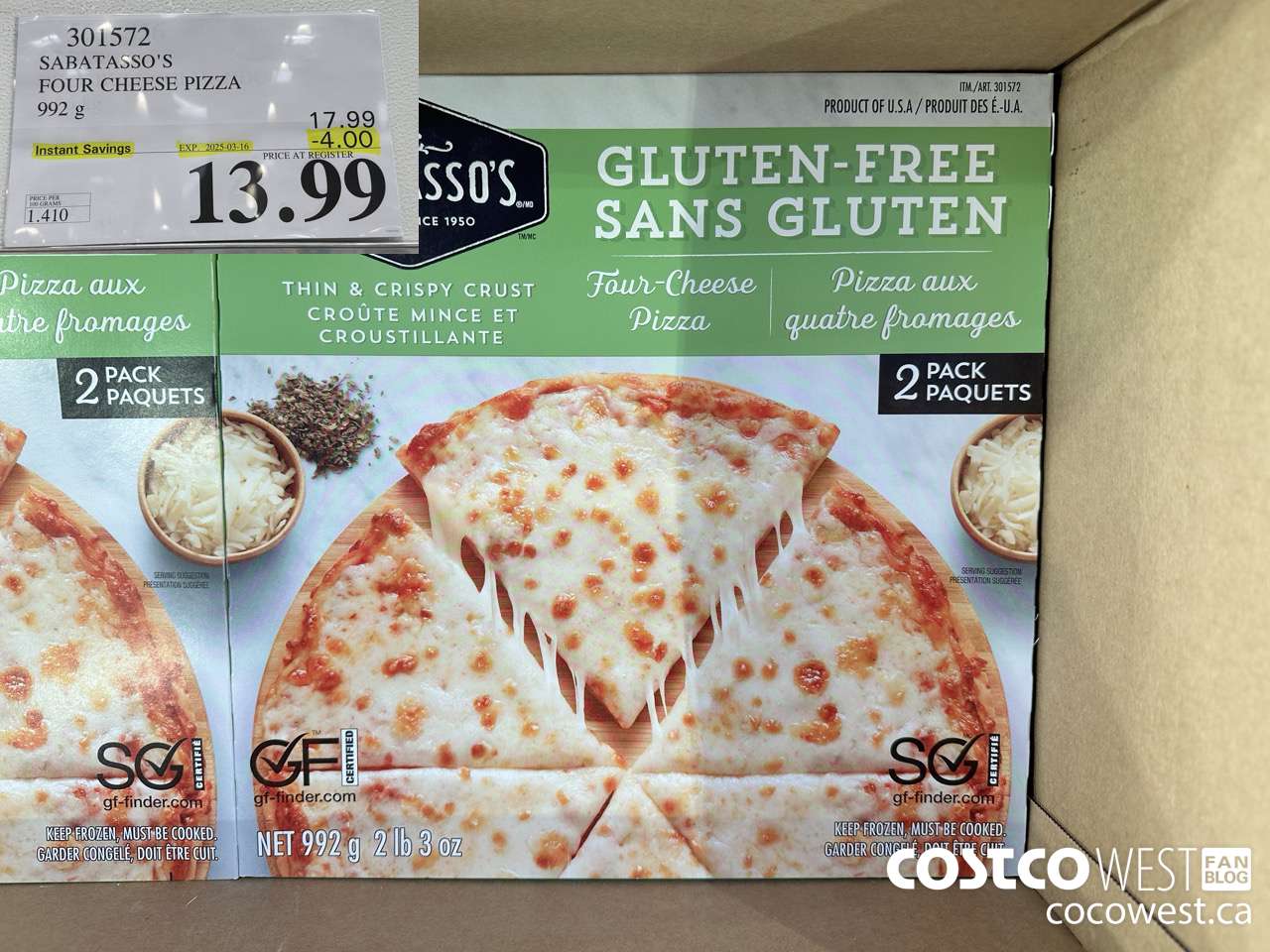 301572 SABATASSO'S GLUTEN-FREE CHEESE PIZZA 2 X 496 G ($4.00 INSTANT SAVINGS EXPIRES ON 2025-03-16) $13.99