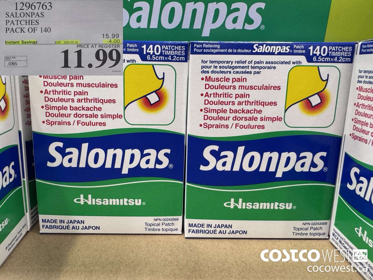1296763 SALONPAS PATCHES PACK OF 140 ($4.00 INSTANT SAVINGS EXPIRES ON 2025-03-16) $11.99