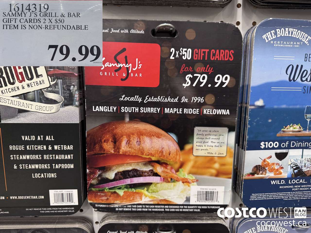 1614319 SAMMY J'S GRILL & BAR GIFT CARDS 2 x $50  $79.99