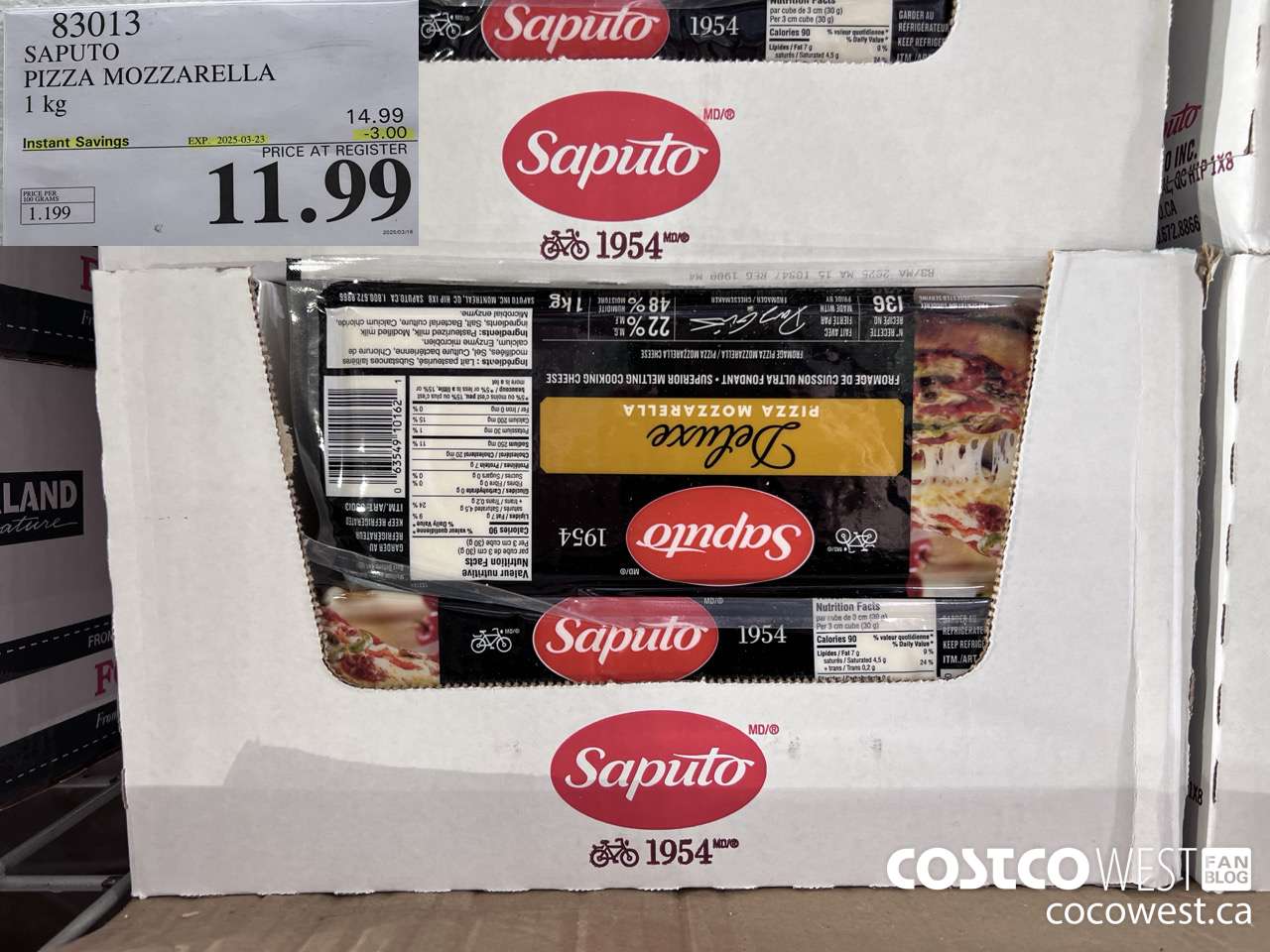 83013 SAPUTO PIZZA MOZZARELLA 1 kg ($3.00 INSTANT SAVINGS EXPIRES ON 2025-03-23) $11.99