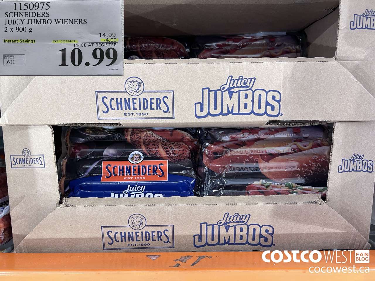 1150975 SCHNEIDERS JUICY JUMBO WIENERS 2 x 900 g ($4.00 INSTANT SAVINGS EXPIRES ON 2025-04-13) $10.99