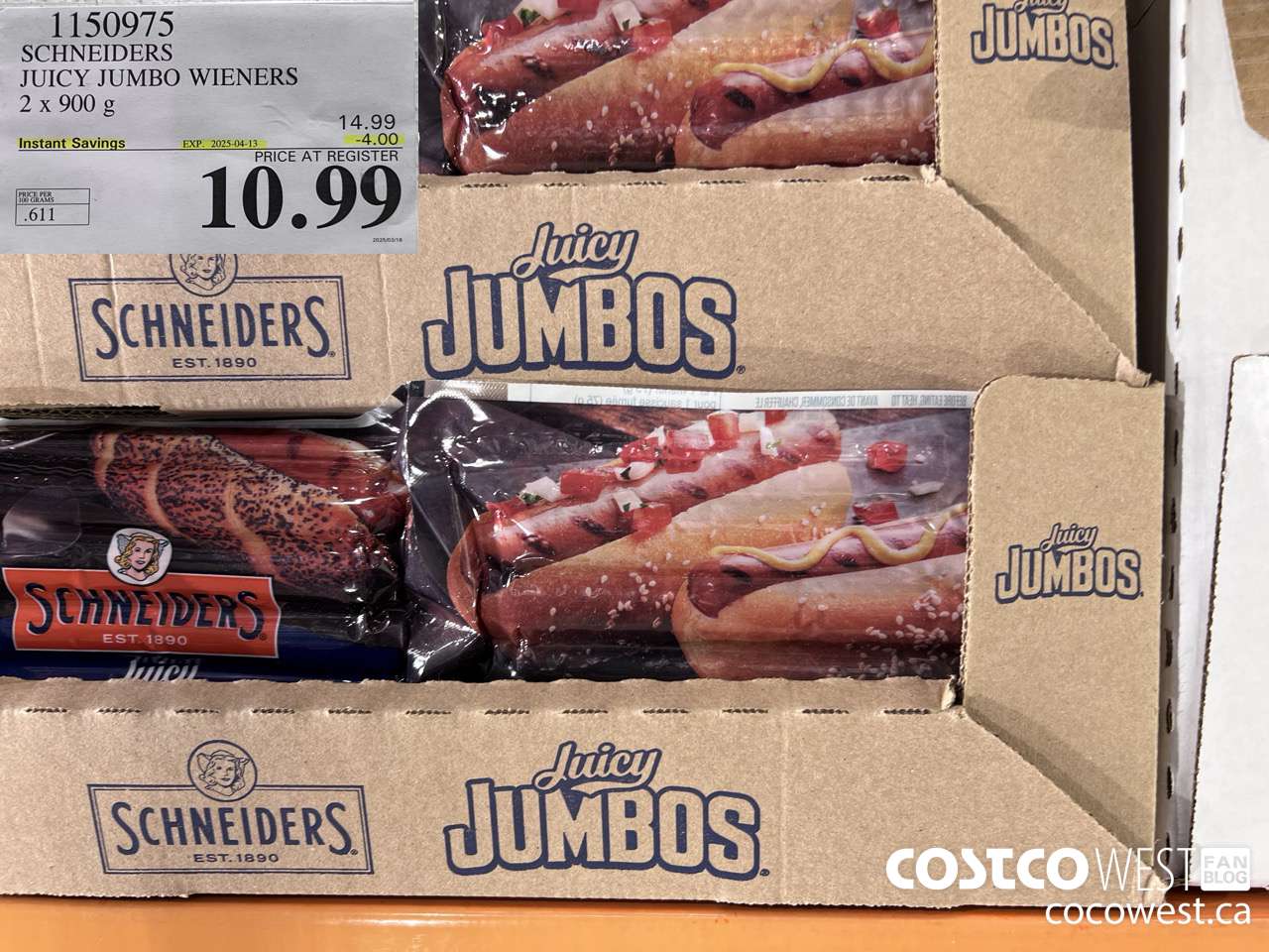 1150975 SCHNEIDERS JUICY JUMBO WIENERS 2 x 900 g ($4.00 INSTANT SAVINGS EXPIRES ON 2025-04-13) $10.99