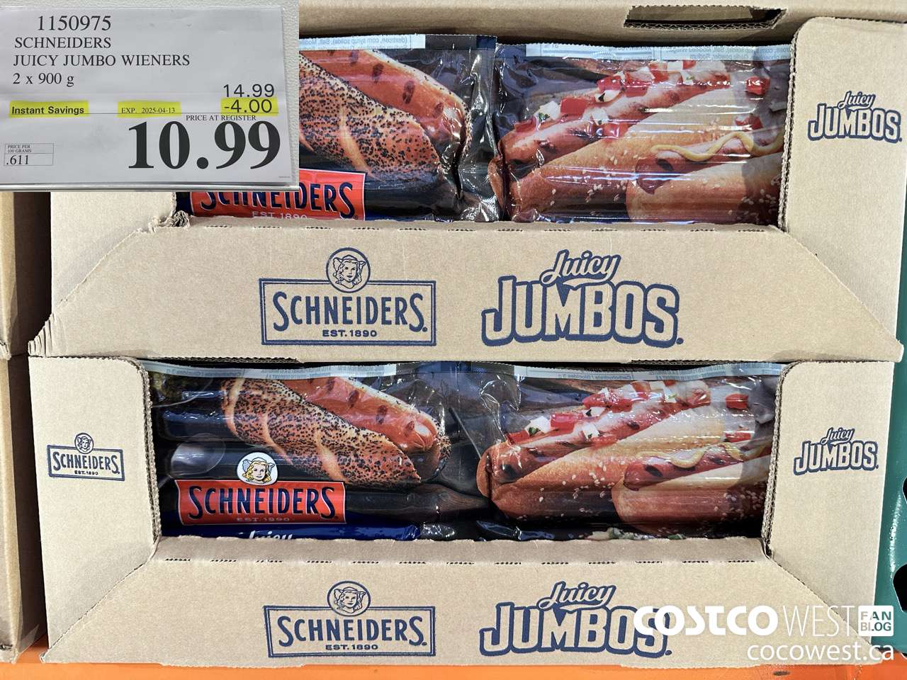 1150975 SCHNEIDERS JUICY JUMBO WIENERS 2 x 900 g ($4.00 INSTANT SAVINGS EXPIRES ON 2025-04-13) $10.99
