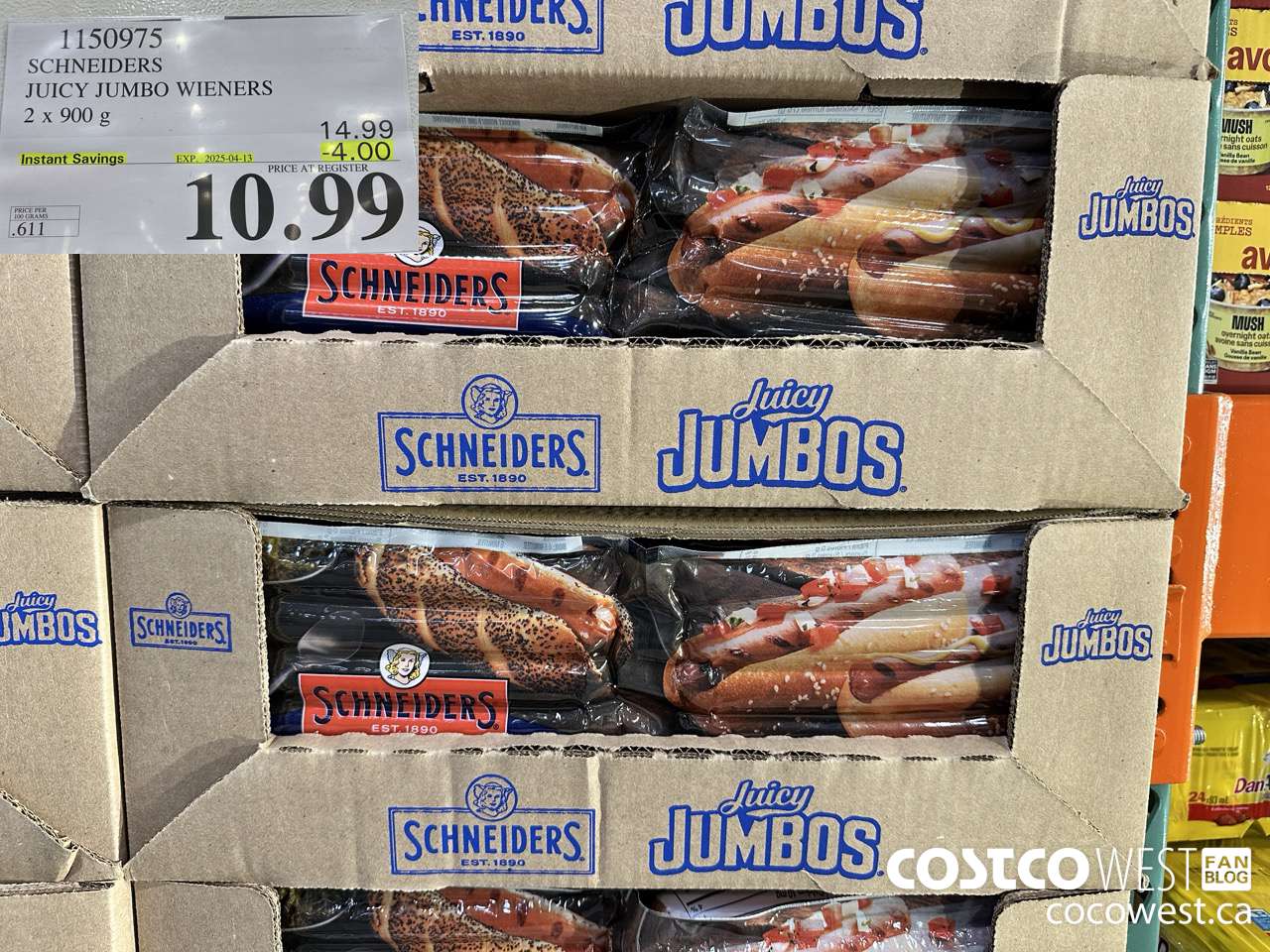 1150975 SCHNEIDERS JUICY JUMBO WIENERS 2 x 900 g ($4.00 INSTANT SAVINGS EXPIRES ON 2025-04-13) $10.99