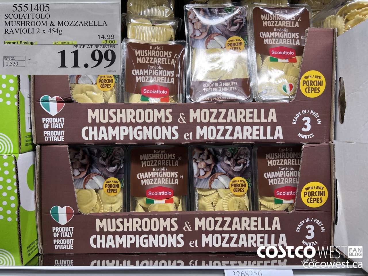 5551405 SCOIATTOLO MUSHROOM & MOZZARELLA RAVIOLI 2 X 454G ($3.00 INSTANT SAVINGS EXPIRES ON 2025-03-30) $11.99