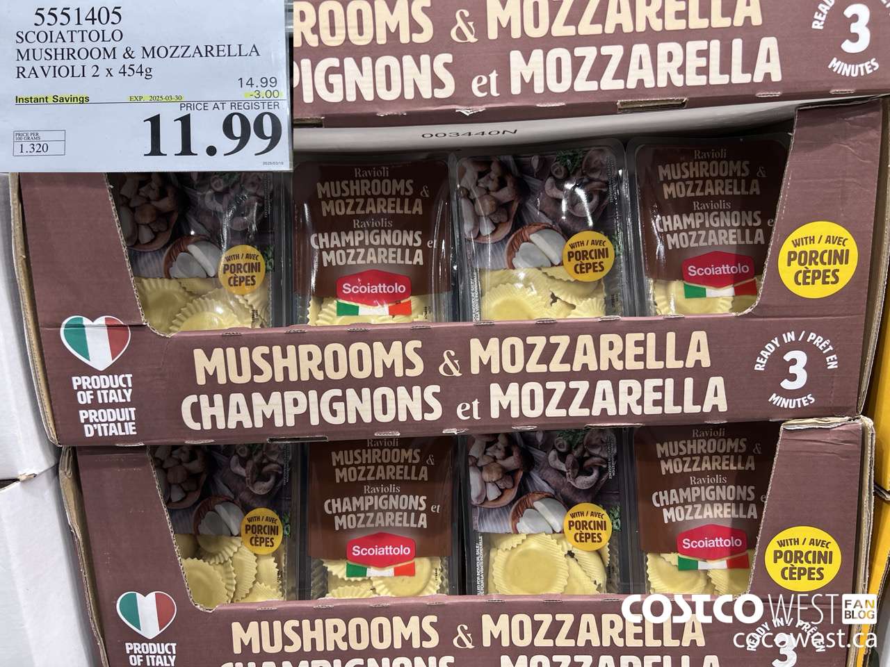 5551405 SCOIATTOLO MUSHROOM & MOZZARELLA RAVIOLI 2 X 454G ($3.00 INSTANT SAVINGS EXPIRES ON 2025-03-30) $11.99