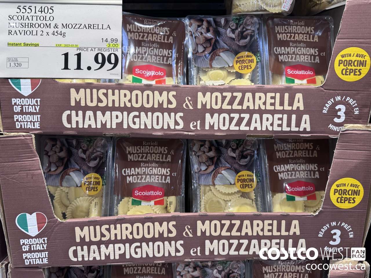 5551405 SCOIATTOLO MUSHROOM & MOZZARELLA RAVIOLI 2 X 454G ($3.00 INSTANT SAVINGS EXPIRES ON 2025-03-30) $11.99