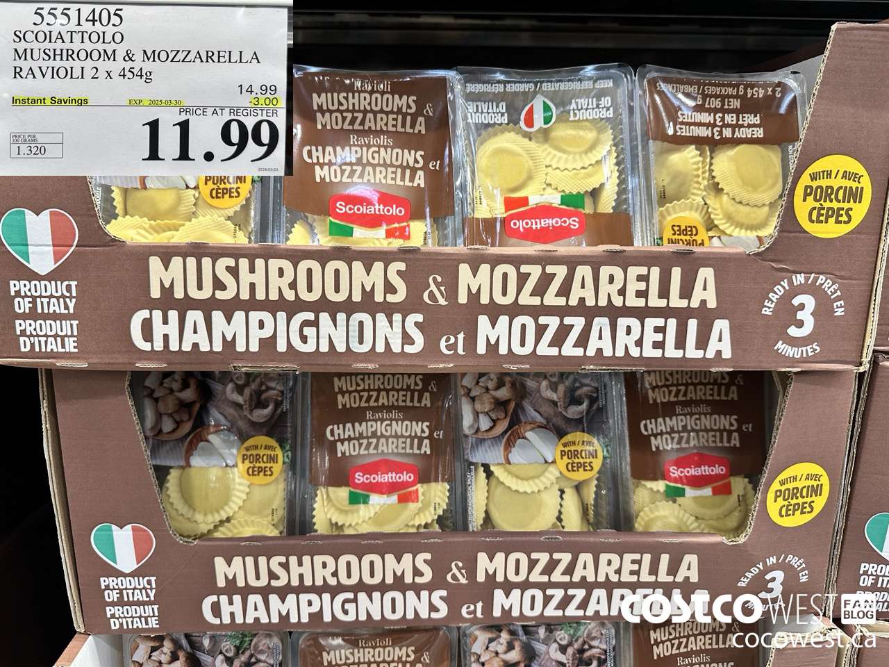 5551405 SCOIATTOLO MUSHROOM & MOZZARELLA RAVIOLI 2 X 454G ($3.00 INSTANT SAVINGS EXPIRES ON 2025-03-30) $11.99