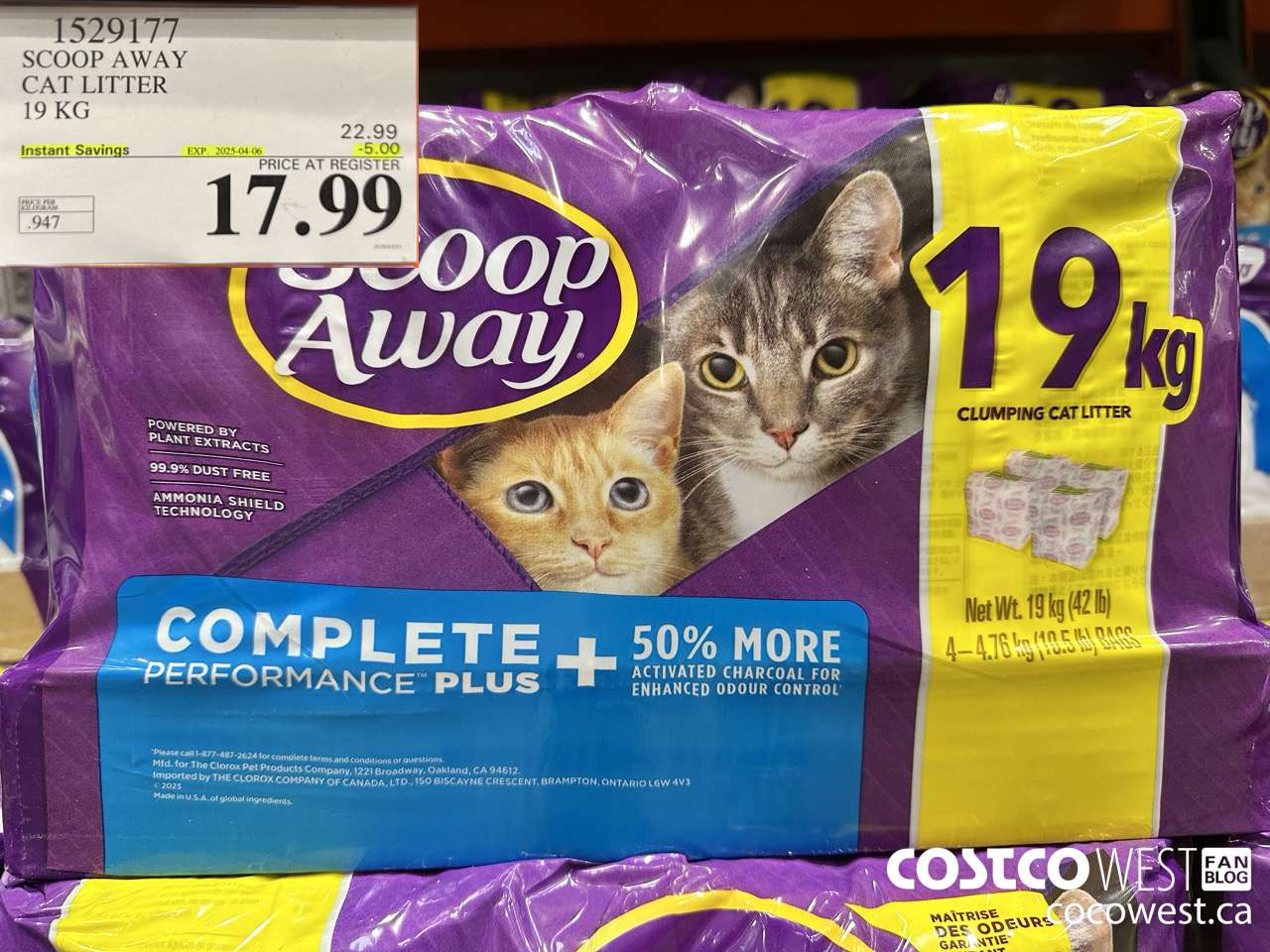 1529177 SCOOP AWAY CAT LITTER 19 KG ($5.00 INSTANT SAVINGS EXPIRES ON 2025-04-06) $17.99