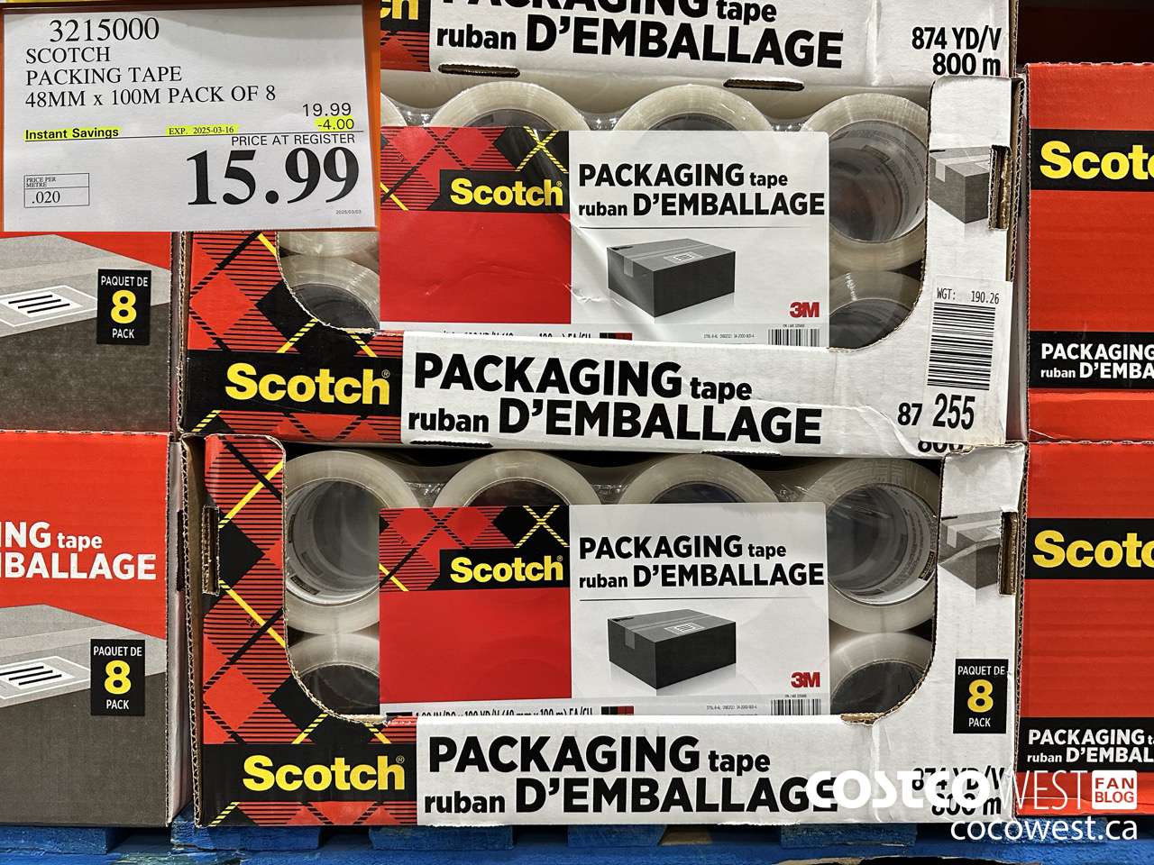3215000 SCOTCH PACKING TAPE 48MM x 100M PACK OF 8 ($4.00 INSTANT SAVINGS EXPIRES ON 2025-03-16) $15.99