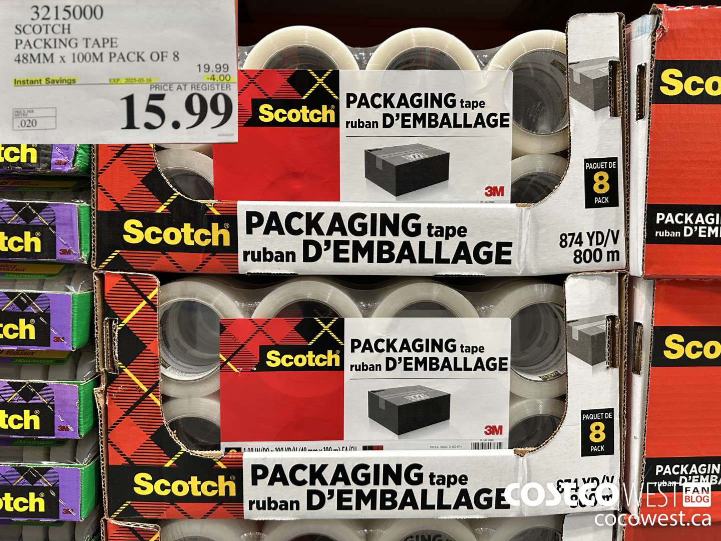 3215000 SCOTCH PACKING TAPE 48MM x 100M PACK OF 8 ($4.00 INSTANT SAVINGS EXPIRES ON 2025-03-16) $15.99