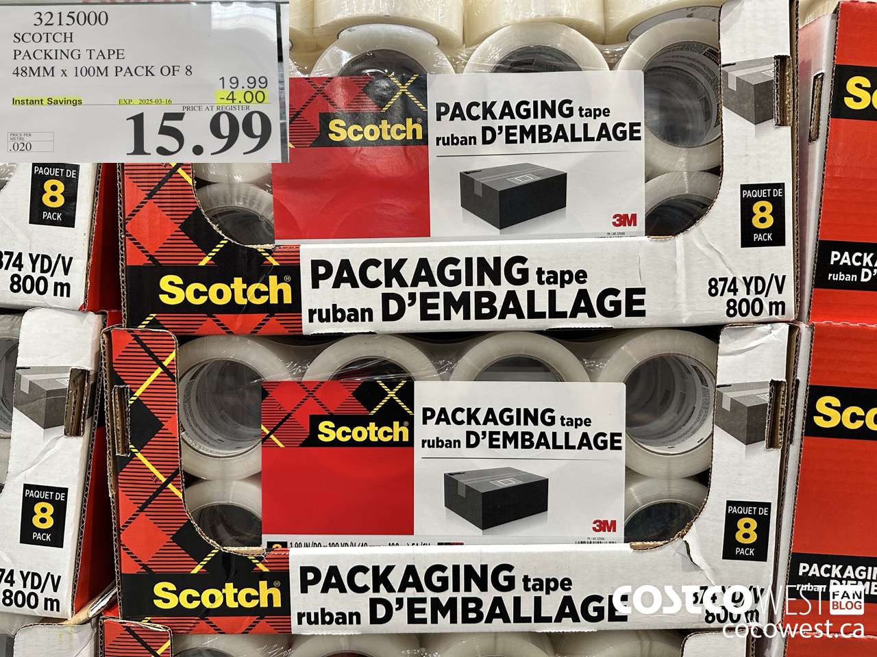 3215000 SCOTCH PACKING TAPE 48MM x 100M PACK OF 8 ($4.00 INSTANT SAVINGS EXPIRES ON 2025-03-16) $15.99