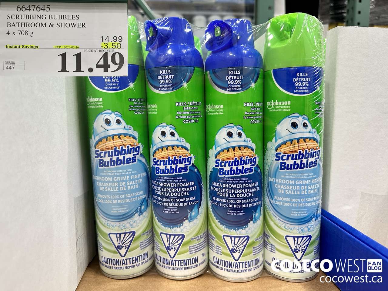 6647645 SCRUBBING BUBBLES BATHROOM & SHOWER 4 X 708G ($3.50 INSTANT SAVINGS EXPIRES ON 2025-03-16) $11.49