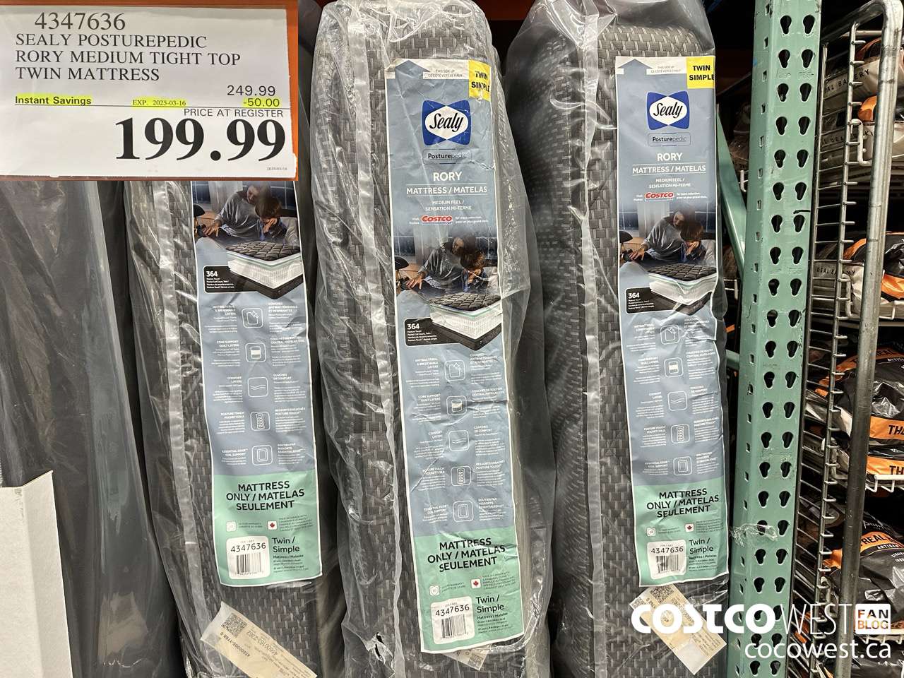 4347636 SEALY POSTUREPEDIC RORY MEDIUM TIGHT TOP TWIN MATTRESS ($50.00 INSTANT SAVINGS EXPIRES ON 2025-03-16) $199.99