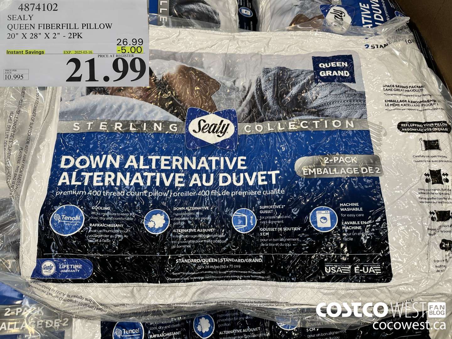 4874102 SEALY QUEEN FIBERFILL PILLOW 20