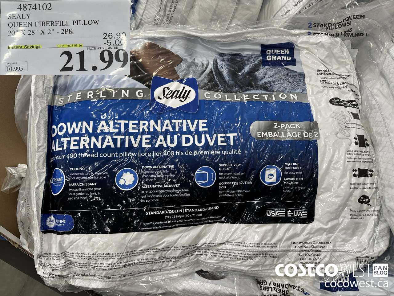 4874102 SEALY QUEEN FIBERFILL PILLOW 20