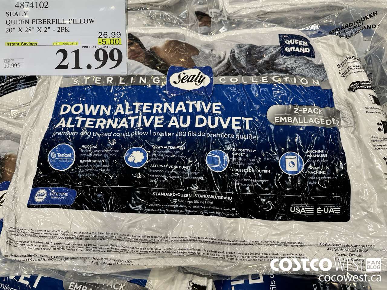 4874102 SEALY QUEEN FIBERFILL PILLOW 20