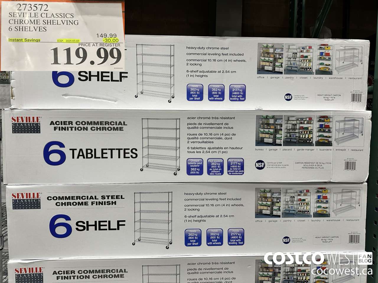 273572 SEVILLE CLASSICS CHROME SHELVING 6 SHELVES ($30.00 INSTANT SAVINGS EXPIRES ON 2025-03-03) $119.99