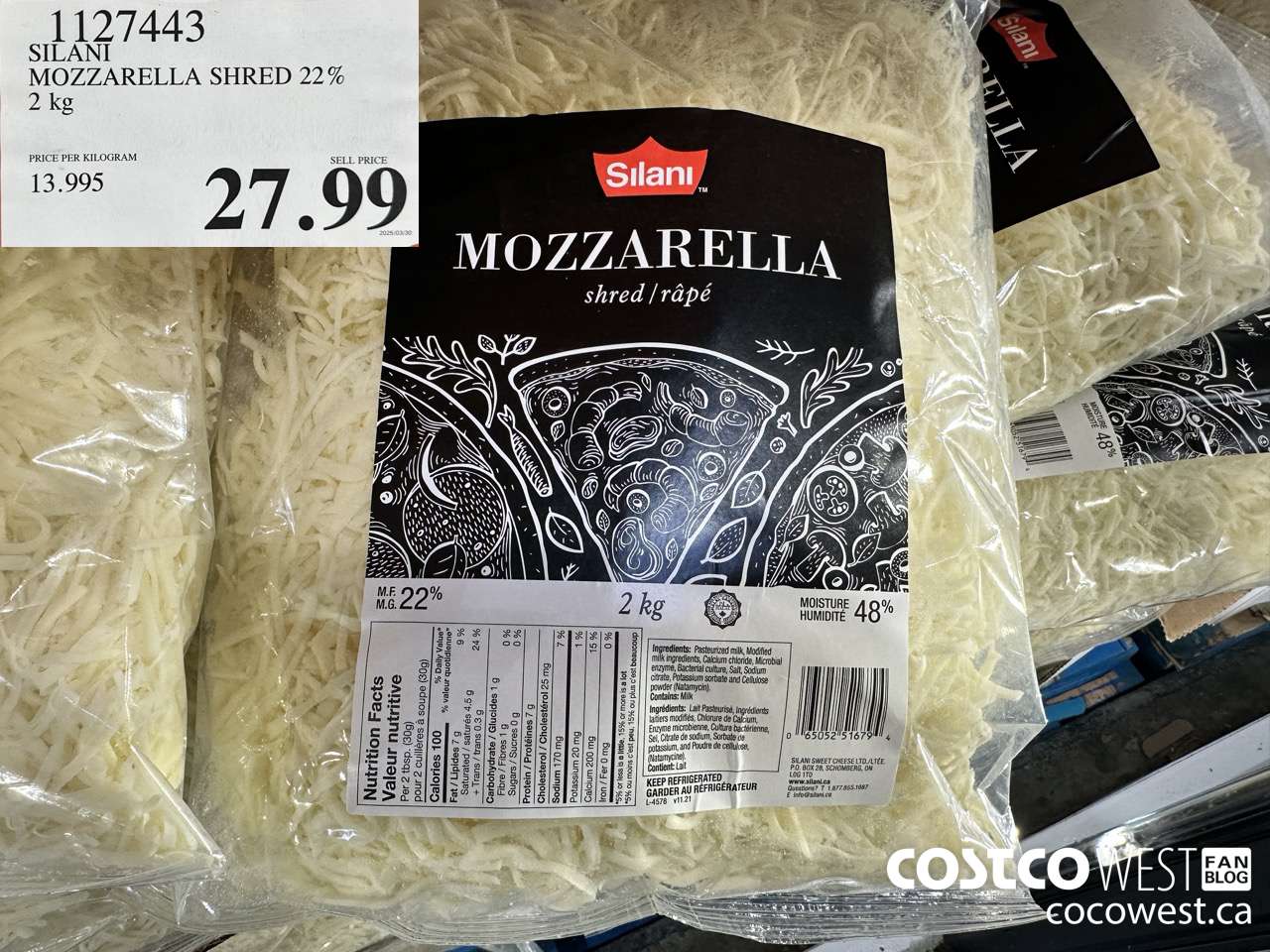 1127443 SILANI MOZZARELLA SHRED 22% 2KG $27.99