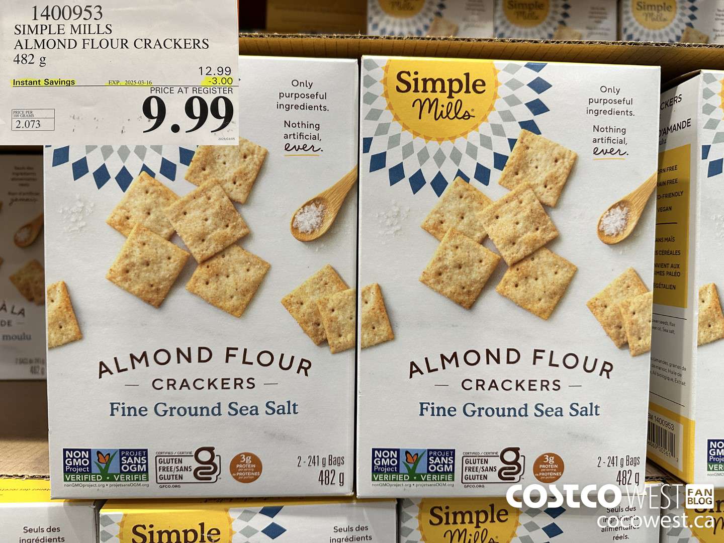 1400953 SIMPLE MILLS ALMOND FLOUR CRACKERS 482 g ($3.00 INSTANT SAVINGS EXPIRES ON 2025-03-16) $9.99